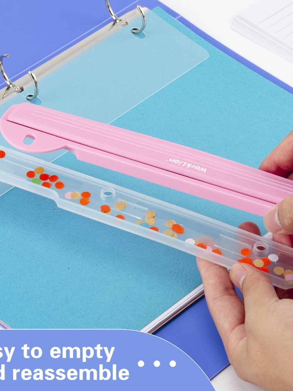 3 Ring Hole Puncher for Binders,Pink,with 10" Ruler, Plus Paper-chip Tray Design - Picture 4 of 6